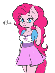 Size: 800x1050 | Tagged: safe, artist:melliedraws, derpibooru import, pinkie pie, anthro, earth pony, :3, breasts, cleavage, equestria girls outfit, heart eyes, heart nostrils, looking at you, peace sign, simple background, solo, white background, wingding eyes