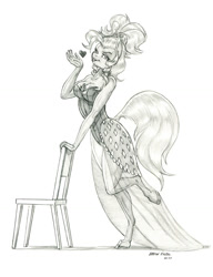 Size: 1000x1303 | Tagged: safe, artist:baron engel, derpibooru import, applejack, anthro, earth pony, unguligrade anthro, applejewel, applerack, blowing a kiss, breasts, chair, cleavage, clothes, dress, heart, looking at you, raised leg