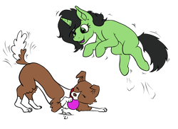 Size: 3118x2267 | Tagged: safe, artist:scoundrel scaramouche, derpibooru import, winona, oc, oc:green, dog, pony, unicorn, fanfic:trust once lost, ball, blank flank, cute, female, filly, foal, jumping, playing, simple background, story, story included, transparent background