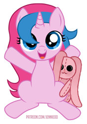 Size: 844x1200 | Tagged: safe, artist:jennieoo, derpibooru import, oc, oc only, oc:star sparkle, pony, rabbit, unicorn, animal, female, filly, foal, happy, hug, hugs needed, plushie, simple background, smiling, solo, toy, transparent background, vector