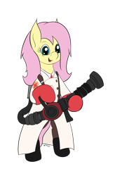 Size: 1748x2512 | Tagged: safe, artist:wapamario63, fluttershy, pegasus, pony, bipedal, clothes, cute, female, looking at you, mare, medic, medigun, outfit, shyabetes, simple background, solo, team fortress 2, transparent background