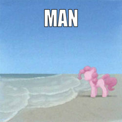 Size: 1093x1094 | Tagged: safe, artist:hattsy, pinkie pie, earth pony, pony, beach, female, impact font, mare, meme, ocean, ponified, ponified meme, sand, solo, text