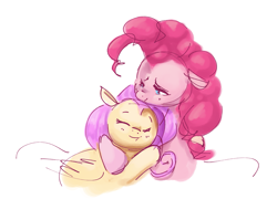 Size: 1481x1066 | Tagged: safe, artist:hattsy, fluttershy, pinkie pie, earth pony, pegasus, pony, eyes closed, female, hug, mare, simple background, white background