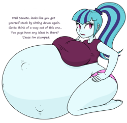 Size: 3100x3000 | Tagged: safe, artist:funble, artist:thenypod4, color edit, derpibooru import, edit, sonata dusk, equestria girls, breasts, clothes, colored, feet, female, hyper, hyper belly, hyper pregnancy, impossibly large belly, kneeling, pregnant, pregnata dusk, shorts, simple background, solo, talking, transparent background