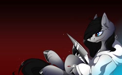 Size: 1754x1083 | Tagged: safe, artist:tessa_key_, derpibooru import, earth pony, pony, clothes, ear fluff, ears, gradient background, hoodie, hoof polish, jeff the killer, knife, male, meme, ponified, smiling, solo, stallion