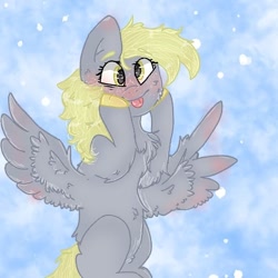 Size: 540x540 | Tagged: safe, artist:cocolove2176, derpibooru import, pegasus, pony, :p, abstract background, blushing, cheek squish, chest fluff, derp, eyelashes, female, mare, solo, spread wings, squishy cheeks, tongue, tongue out, wings