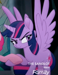 Size: 206x266 | Tagged: safe, derpibooru import, screencap, pinkie pie, twilight sparkle, twilight sparkle (alicorn), alicorn, earth pony, pony, my little pony: the movie, awesome face, cropped, determined, discovery family logo, female, looking back, mare, the sandlot