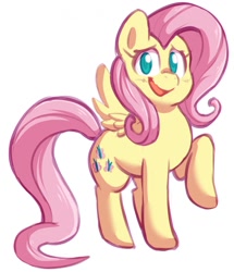 Size: 1099x1280 | Tagged: safe, artist:mukitsune, derpibooru import, fluttershy, pegasus, pony, blushing, cutie mark, digital art, female, looking at you, mare, open mouth, raised hoof, raised leg, simple background, smiling, solo, spread wings, standing, tail, three quarter view, wavy mouth, wings