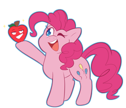 Size: 1743x1502 | Tagged: safe, artist:mukitsune, derpibooru import, pinkie pie, earth pony, pony, apple, cutie mark, digital art, female, food, mare, one eye closed, open mouth, simple background, solo, tail, transparent background