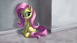 Size: 4000x2250 | Tagged: safe, artist:flusanix, derpibooru import, fluttershy, pegasus, pony, biting, cute, female, folded wings, hair bite, high res, indoors, mare, mouth hold, shyabetes, sitting, solo, wings