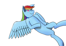 Size: 3508x2480 | Tagged: safe, artist:frilanka, derpibooru exclusive, derpibooru import, rainbow dash, lying down, on back, one eye closed, simple background, smiling, solo, white background, wings