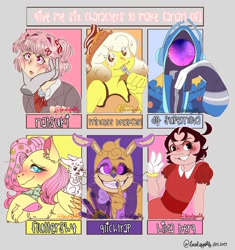 Size: 1600x1700 | Tagged: safe, artist:localgoaty, derpibooru import, angel bunny, fluttershy, anthro, bird, pegasus, pony, rabbit, :o, adventure time, angry, animal, animatronic, anthro with ponies, blushing, bowtie, chest fluff, clothes, colored hooves, cross-popping veins, crossed arms, crossover, cuphead, disembodied hand, doki doki literature club, eyes closed, female, five nights at freddy's, flower, flower in hair, glitchtrap, gloves, grin, hand, mare, open mouth, shhh, signature, six fanarts, smiling, waving, wings