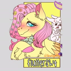 Size: 2048x2048 | Tagged: safe, alternate version, artist:localgoaty, derpibooru import, angel bunny, fluttershy, bird, pegasus, pony, rabbit, angry, animal, blushing, chest fluff, colored hooves, cross-popping veins, crossed arms, eyes closed, female, flower, flower in hair, mare, signature, smiling, wings