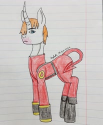 Size: 2878x3494 | Tagged: safe, artist:agdapl, derpibooru import, pony, unicorn, boots, clothes, horn, lined paper, ponified, pyro, shoes, signature, solo, team fortress 2, traditional art