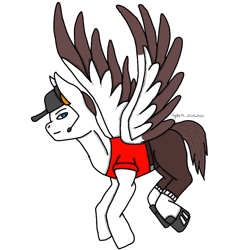 Size: 768x768 | Tagged: safe, artist:agdapl, derpibooru import, pony, clothes, flying, hat, headworn microphone, male, ponified, scout, signature, simple background, solo, stallion, team fortress 2, two toned wings, white background, wings