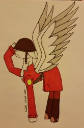 Size: 2429x3679 | Tagged: safe, artist:agdapl, derpibooru import, pegasus, pony, clothes, helmet, male, ponified, salute, signature, soldier, solo, stallion, team fortress 2, traditional art, two toned wings, wings