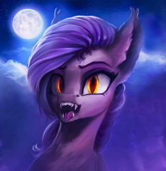 Size: 1500x1543 | Tagged: safe, artist:stdeadra, derpibooru import, oc, bat pony, pony, bat pony oc, big ears, big eyes, ears, fangirl, fangs, moon, night, solo, tooth