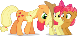 Size: 6000x2835 | Tagged: safe, artist:frownfactory, derpibooru import, apple bloom, applejack, babs seed, earth pony, apple family reunion, blank flank, bow, cutie mark, female, filly, freckles, hat, mare, pushing, simple background, transparent background, vector