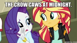 Size: 600x337 | Tagged: safe, derpibooru import, edit, edited screencap, screencap, rarity, sunset shimmer, equestria girls, friendship games, caption, ed edd n eddy, image macro, in like ed, text