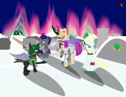 Size: 16000x12350 | Tagged: safe, artist:kyoshyu, derpibooru import, oc, oc only, oc:budworm instar, oc:nymphea, bat pony, changeling, changeling queen, pony, absurd resolution, changeling queen oc, male, snow, stallion