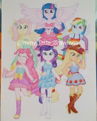 Size: 1079x1349 | Tagged: safe, artist:mmy_little_drawings, derpibooru import, applejack, fluttershy, pinkie pie, rainbow dash, rarity, twilight sparkle, equestria girls, equestria girls (movie), bare shoulders, belt, boots, bracelet, clothes, cowboy boots, cutie mark, cutie mark on clothes, dress, eyes closed, fall formal outfits, female, hairpin, humane five, humane six, jewelry, obtrusive watermark, ponied up, shoes, sleeveless, smiling, strapless, watermark, wings