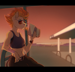 Size: 2034x1965 | Tagged: safe, artist:shimazun, derpibooru import, spitfire, anthro, bandage, cigarette, clothes, highway, jeans, map, midriff, pants, smoking, solo, sports bra, sunglasses, sunset, tanktop