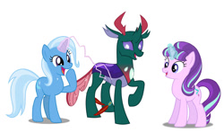 Size: 1280x756 | Tagged: safe, artist:diana173076, derpibooru import, pharynx, starlight glimmer, trixie, changedling, changeling, pony, unicorn, prince pharynx