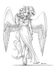 Size: 1000x1303 | Tagged: safe, artist:baron engel, derpibooru import, oc, oc only, oc:soft, anthro, pegasus, unguligrade anthro, absolute cleavage, anthro oc, breasts, cleavage, clothes, commission, dress, female, grayscale, jewelry, looking at you, mare, monochrome, necklace, not fluttershy, pencil drawing, side slit, simple background, solo, traditional art, unshorn fetlocks, white background
