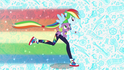Size: 1920x1080 | Tagged: safe, derpibooru import, screencap, rainbow dash, spike, spike the regular dog, dog, equestria girls, equestria girls series, :p, clothes, converse, cute, cutie mark, cutie mark on clothes, dashabetes, female, hoodie, intro, male, open mouth, ponied up, rainbow trail, running, shoes, smiling, spikabetes, tongue, tongue out