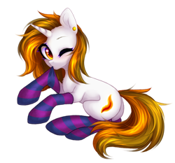 Size: 1280x1191 | Tagged: safe, artist:avrameow, derpibooru import, oc, oc only, oc:aurora shinespark, pony, unicorn, clothes, commission, cute, ear piercing, earring, female, jewelry, looking at you, mare, piercing, simple background, socks, striped socks, transparent background, ych result
