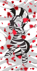 Size: 639x1200 | Tagged: safe, artist:jennieoo, derpibooru import, oc, oc:lost way, zebra, bed, bedsheets, flower, looking at you, one eye closed, rose, rose petals, simple background, smiling, smiling at you, solo, wink, winking at you