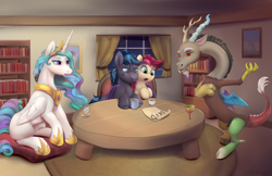 Size: 5100x3300 | Tagged: safe, artist:viwrastupr, derpibooru import, discord, princess celestia, roseluck, oc, oc:spark gap, alicorn, bat pony, draconequus, earth pony, pony, fanfic:fine print, absurd resolution, bat pony oc, bookshelf, canon x oc, contract, fanfic art, female, food, hug, male, mare, pillow, rosegap, stallion, surprised, table, tea, upset, window, winghug, wings