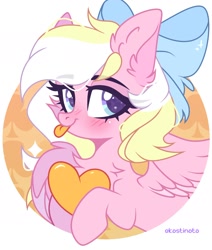 Size: 1698x2001 | Tagged: safe, artist:ekostinoto, derpibooru import, oc, oc only, oc:bay breeze, pegasus, pony, blushing, bow, chest fluff, cute, ear fluff, ears, female, hair bow, heart, looking at you, mare, ocbetes, signature, solo, tongue, tongue out