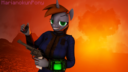 Size: 3840x2160 | Tagged: safe, artist:marianokun, derpibooru import, oc, oc only, oc:littlepip, anthro, unicorn, fallout equestria, 3d, 4k, anthro oc, atomic bomb, clothes, evil grin, explosion, faic, grin, gun, handgun, happy, little macintosh, nuclear explosion, nuclear weapon, pda, pipboy, pipbuck, remake, revolver, smiling, source filmmaker, vault suit, weapon