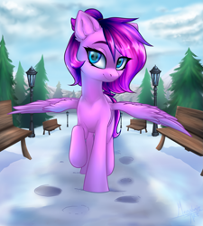 Size: 1801x2000 | Tagged: safe, artist:megabait, derpibooru import, oc, oc only, pegasus, pony, bench, female, hoofprints, looking at you, mare, outdoors, smiling, snow, solo, spread wings, streetlight, tree, winter