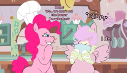 Size: 1371x787 | Tagged: safe, artist:hooverlover, derpibooru import, pinkie pie, oc, oc:berrybutter bliss, earth pony, pegasus, ascot, baking, batter, bow, bowl, cake batter, chef's hat, chubby, clothes, cute, eating, fat, female, giggling, hat, kitchen, mare, my little harem, socks, wings
