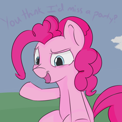 Size: 800x800 | Tagged: safe, artist:treekickerdraws, derpibooru import, pinkie pie, pony, dialogue, looking at you, smiling, solo