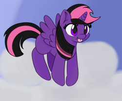 Size: 700x578 | Tagged: safe, artist:treekickerdraws, derpibooru import, oc, oc only, alicorn, pony, cloud, flying, mlem, silly, solo, spread wings, tongue, tongue out, wings