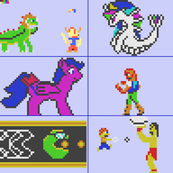 Size: 576x576 | Tagged: safe, artist:derek the metagamer, derpibooru import, firefly, princess celestia, oc, oc:demberk, dragon, human, pony, siren, series:creatureverse, 8bit, boulder, bowtie, glasses, pac-man, pac-man 99, pixel art, pixel doodle, rock, sirenified, sling, species swap, tuff e nuff, zazi