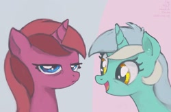 Size: 2185x1433 | Tagged: safe, anonymous artist, derpibooru import, lyra heartstrings, unicorn, annoyed, aryl, duo, excited, female, looking at each other, siblings, simple background, sisters, twins