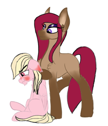 Size: 1755x2064 | Tagged: safe, artist:justapone, derpibooru import, oc, oc:heart struck, oc:strawberry sand, pegasus, pony, saddle arabian, blushing, brown coat, colored, duo, ear blush, ear fluff, ears, embarrassed, female, frown, height difference, looking down, male, mare, missing cutie mark, pegasus oc, pink coat, raised leg, red mane, red tail, shoulder fluff, simple background, sitting, size difference, smaller male, smiling, stallion, tall, unshorn fetlocks, white background, wings