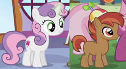 Size: 1011x558 | Tagged: safe, artist:supermarioworld64, derpibooru import, button mash, cheerilee, sweetie belle, earth pony, pony, unicorn, crusaders of the lost mark, on your marks, aura, colt, comparison, duo, female, filly, hat, magic, male, offscreen character, propeller hat, shipping, shipping domino, smiling, straight, sweetiemash