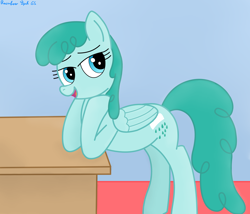 Size: 3528x3016 | Tagged: safe, artist:rainbowšpekgs, derpibooru import, spring melody, sprinkle medley, pegasus, pony, bedroom eyes, female, interior, leaning, open mouth, solo, table, wings