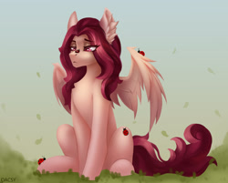 Size: 2565x2064 | Tagged: safe, artist:dacsy, derpibooru import, oc, oc only, oc:crimm harmony, insect, ladybug, pegasus, pony, ear fluff, ears, eye clipping through hair, female, lidded eyes, mare, sitting, solo, spread wings, wings