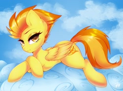 Size: 2048x1518 | Tagged: safe, artist:darkmaxxie, derpibooru import, spitfire, pegasus, pony, cloud, dock, female, lidded eyes, looking at you, mare, on a cloud, prone, solo