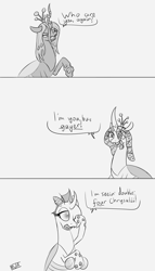 Size: 4000x7000 | Tagged: safe, artist:evan555alpha, ponybooru exclusive, queen chrysalis, oc, oc only, oc:yvette (evan555alpha), changeling, changeling queen, evan's daily buggo, 3 panel comic, changeling oc, comic, confused, dialogue, dorsal fin, duality, fangs, female, females only, glasses, glasses off, happy, head tilt, holding, lidded eyes, meme, ponified, ponified meme, purified chrysalis, raised hoof, raised leg, round glasses, rubbing, rubbing eyes, self ponidox, signature, simple background, sketch, smiling, speech bubble, talking, text, the simpsons, trio, white background, wide eyes
