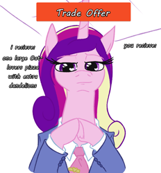 Size: 788x849 | Tagged: safe, artist:jargon scott, princess cadance, alicorn, pony, clothes, female, heart eyes, hooves together, lidded eyes, looking at you, mare, meme, necktie, peetzer, simple background, smiling, solo, suit, that pony sure does love pizza, trade offer, underhoof, white background, wingding eyes