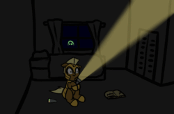 Size: 1200x790 | Tagged: safe, artist:neuro, oc, oc only, earth pony, ghost, pony, undead, animated, armor, bed, book, earth pony oc, emf reader, female, flashlight (object), ghost journal, gif, guardsmare, haunted house, helmet, hoof shoes, mare, night, phasmophobia, royal guard, scared, shrunken pupils, solo, wide eyes