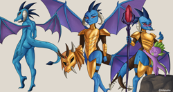 Size: 3920x2080 | Tagged: safe, artist:nire, derpibooru import, dragon lord ember, princess ember, spike, anthro, dragon, gauntlet of fire, armor, bloodstone scepter, blushing, butt, dragon armor, dragonbutt, dragoness, female, helmet, horns, hug, male, princess embutt, simple background, size difference, spread wings, wings