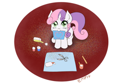 Size: 1000x667 | Tagged: safe, artist:empyu, derpibooru import, sweetie belle, pony, unicorn, 30 minute art challenge, abstract background, cute, diasweetes, glitter, glue, mouth hold, scissors, simple background